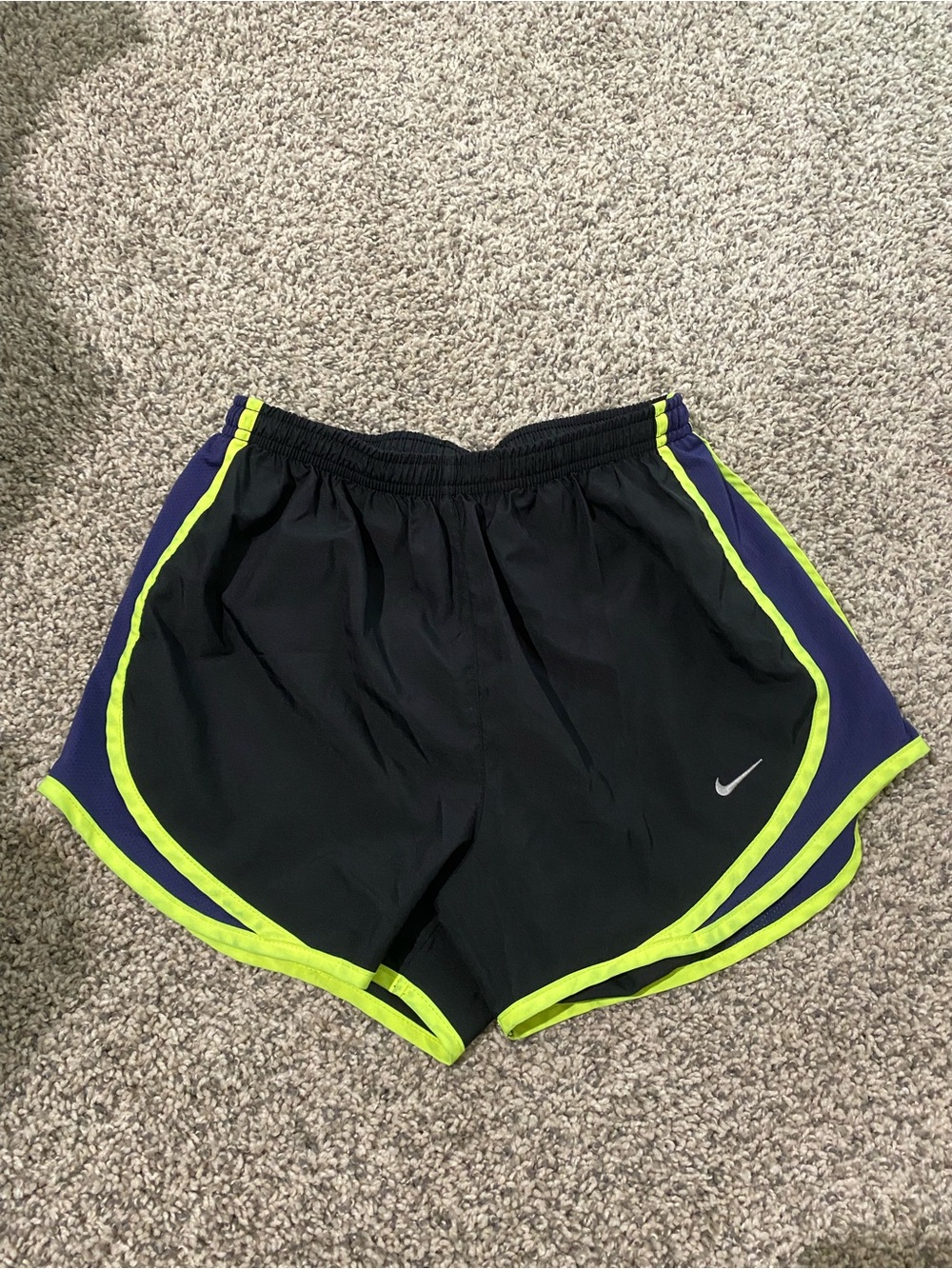Nike dri-fit Black Athletic Shorts with Neon Yellow Trim and Purple Panels